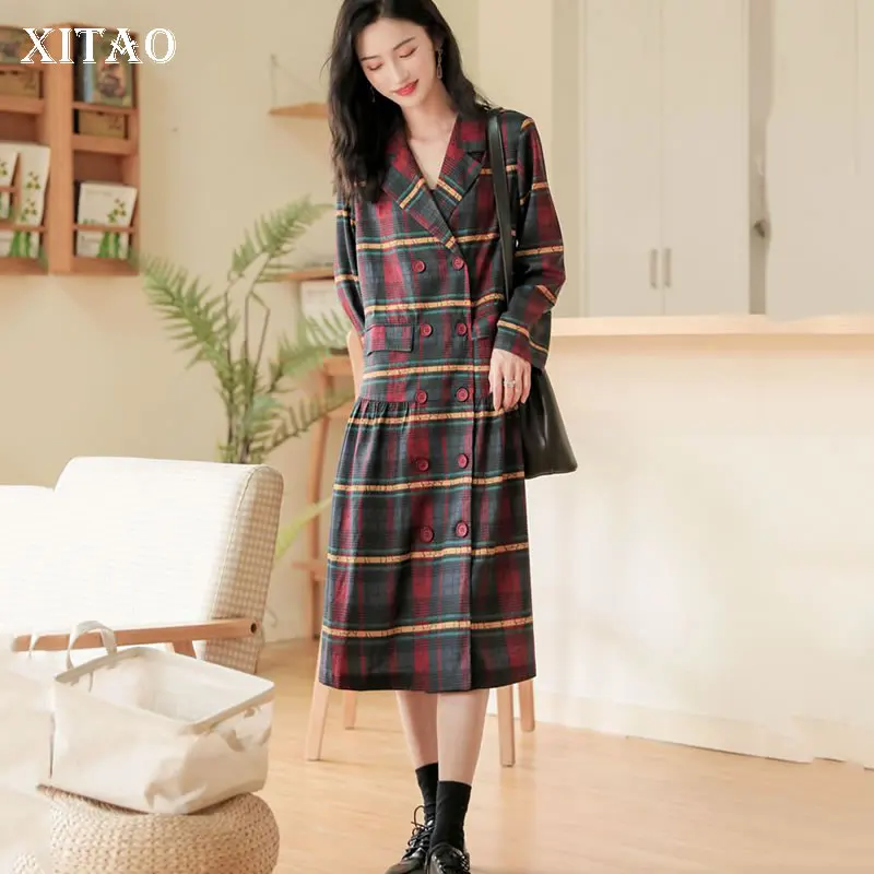 

XITAO Vintage Plaid Split Dress Women Fashion New 2019 Autumn Double Breast Elegant Sheath Minority Style Pocket Dress XJ1979