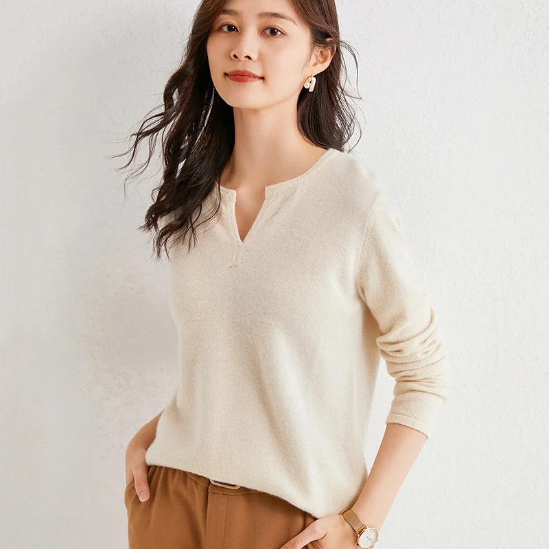 

Sparsil Autumn Winter Pure Wool Sweaters For Women Soft Warm Elastic Pullover V-neck Elegant Solid Color Knitted Cashmere Jumper
