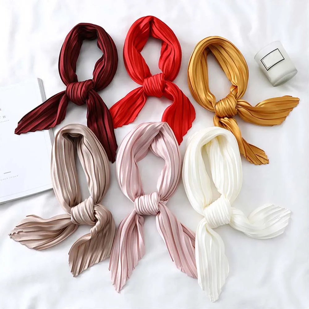Hot Sell Elegant Women's Small Silk Square Scarf Satin Solid Color Ladies Pleated Twill Stretchy Scarves Foulard Neckerchief |