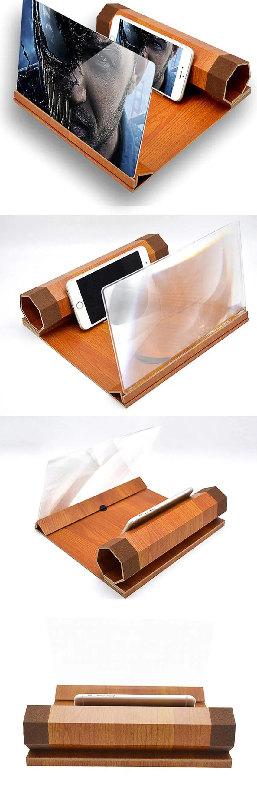 12" 7-folding Phone Video Screen Magnifier Stand Raw Wood Acrylic 2X-4X Magnifying Tools Radiation Protection Bracket Amplifier