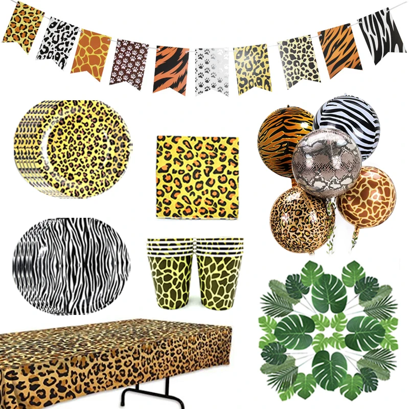 

10 Guests Woodland Animals Disposable Tableware Leopard Print Napkin Plate Tiger One Birthday Decor Happy Birthday Decor Kid Boy