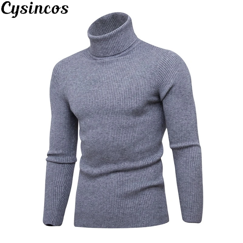 

CYSINCOS 2019 Autumn Winter Men's Sweater Men's Turtleneck Solid Color Casual Sweater Men's Slim Fit Brand Knitted Pullovers