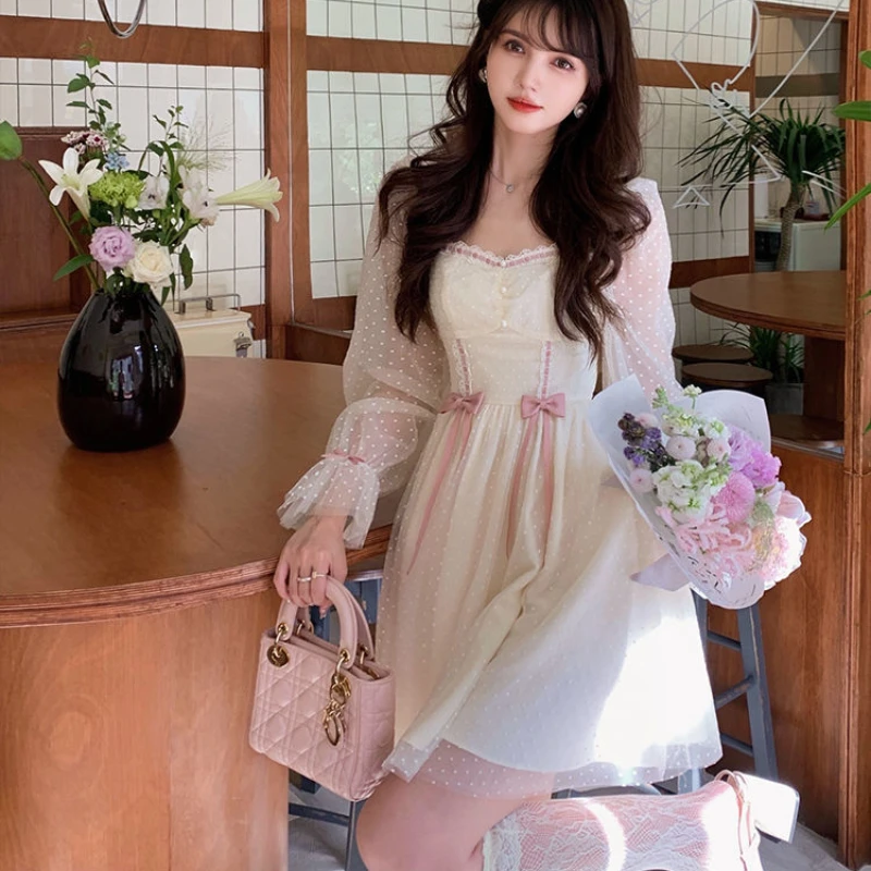 2021 Autumn Elegant Princess Dress Women Sweet Dot Party Long Sleeve Fairy Dress Female Casual Vintage Korean Kawaii Mini Dress wedding dresses