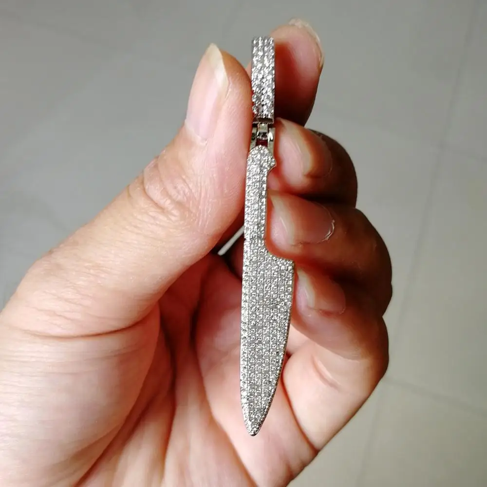 2019 Men Hip hop iced out bling knife shape pendant necklaces pave setting Cubic Zirconia male Hiphop necklace jewelry gifts | Украшения и