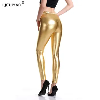 

LJCUIYAO Sexy PU Leather Leggings Skinny Punk Rock Push Up Pants Silver Gold Metallic Bright Sequin Pant Shining Fitness Legging