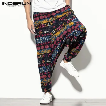 

Men Harem Pants Printed Elastic Waist Joggers Vintage Streetwear Baggy Drop-crotch Trousers Men Casual Wide Leg Pants INCERUN 7
