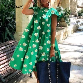

Women Elegant Casual Floral Print Loose A-Line Dress 2020 Summer Short Sleeve Dresses 2XL Vintage Ladies Party Dress Vestidos