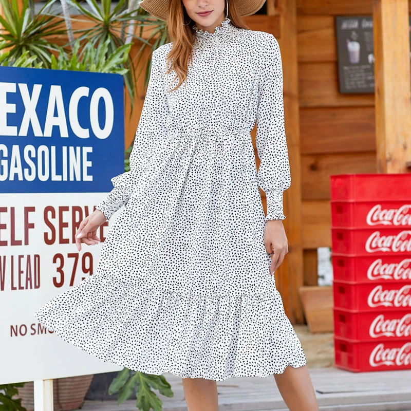 

DeRuiLaDy 2019 Dot Print Women Midi Office Dress Turtleneck Elegant Long Sleeve Ruffles Chiffon Dresses Fall Casual Dress