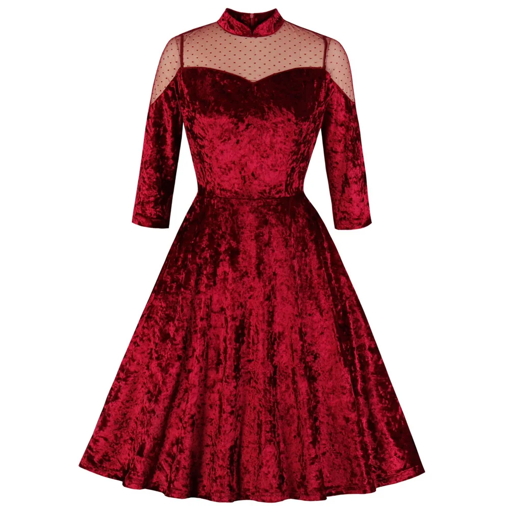 Элегантное бархатное женское платье для вечеринки, кружевное платье в горошек в стиле пэчворк, женское ретро платье со стоячим воротником, платье с длинными рукавами, винно-красное платье Vestidos