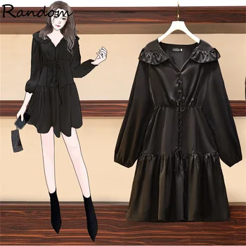 

Plus Size Autumn Female Bandage Party Mini Dress Women 2020 Long Sleeve Vintage Ruff Black White A Line Dresses Fall Sexy Cloth