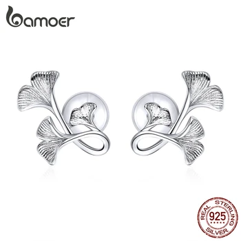 

bamoer GAE328 Real 925 Sterling Silver Stud Earrings Unique Ginkgo Leaf Eternal Love Ear Studs for Women Engagement Wedding Gift