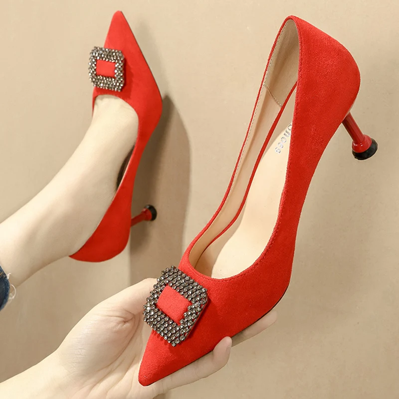 

2020 Women 9.5 6.5 cm High Heels Prom Pumps Lady Plus Size 33-42 Crystal Buckle Valentine Low Heels Luxury Scarpins Office Shoes