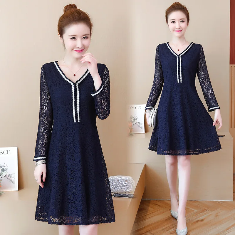

Fat Mm Large Size Dress Long Sleeve Lace Dress 2019 Spring And Autumn New Style Mid-length Cover Belly A- line Dress