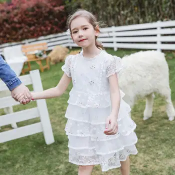 

Summer New Arrival Crew Neck Puff Sleeves Embroidery Cake Dress For Girls Lace Flowers Elegant Temperament Childrens' Clothing
