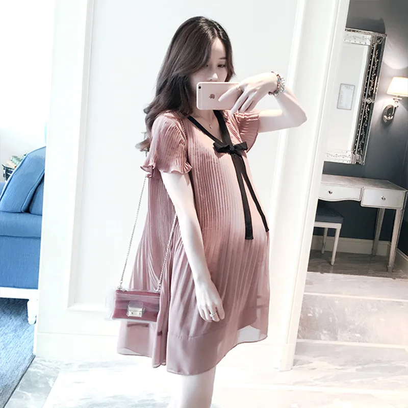 

Maternity Clothes Summer 2020 Fashion Maternity Clothes Summer New Style Pink Pleated Dress Korean-style Loose Maternity Dress