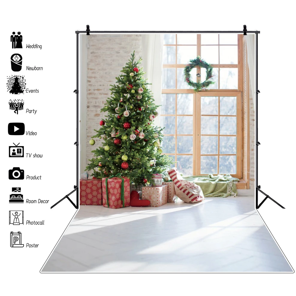 

Laeacco Christmas Festivals Tree Gift Wreath Garland Window Rural House Interior Photo Background Photo Backdrop Photo Studio