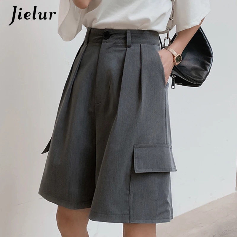 Jielur Straight Wide Leg Shorts Female Summer 2021 New Korean Loose BF Short Pants Casual Black Gray Cargo Women S-XXL | Женская одежда