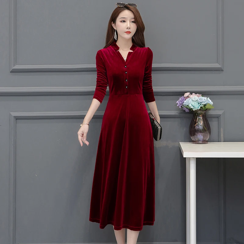 

Single Breasted Solid A-line Slim High Waist Plus Size Robe V-Neck Long Sleeve Winter Velvet Dress Autumn Women Female Mujer New