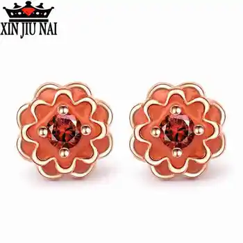 

European DIY Handmade Dahlia Earrings Original 925 Silver Rose Petal Garden Stud Earrings Pink Enamel Compatible With Jewelry