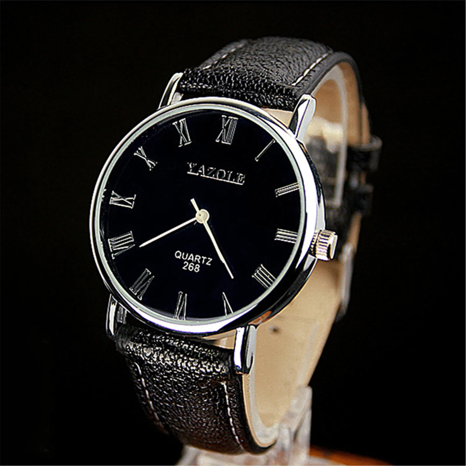 Mens Blu-ray Roman Numerals Quartz Analog Wrist Watch Black Band Black Dial Faux Leather Band Men Watches Digital Montre Homme