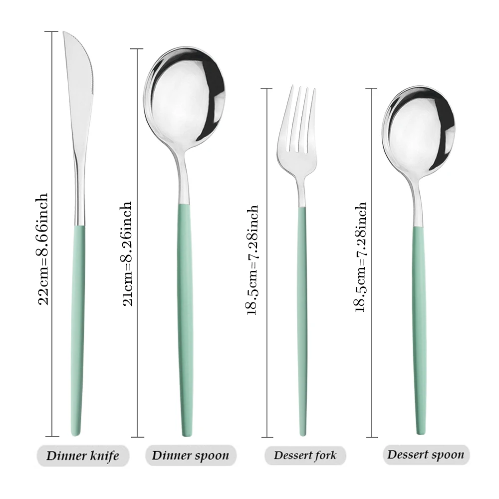 Description Picture 2 of item16pcs Stainless Steel Set Flatware Dinnerware Cutlery Mint Green Knives Fork Dessert Spoon Home Silverware Kitchen Tableware Set