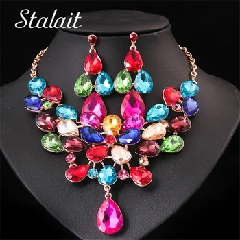 

Charm Best Gift Flower Wedding Jewelry Gold Color Water Drop Crystal Necklace Pendant Earrings Jewelry Set For Women Accessories