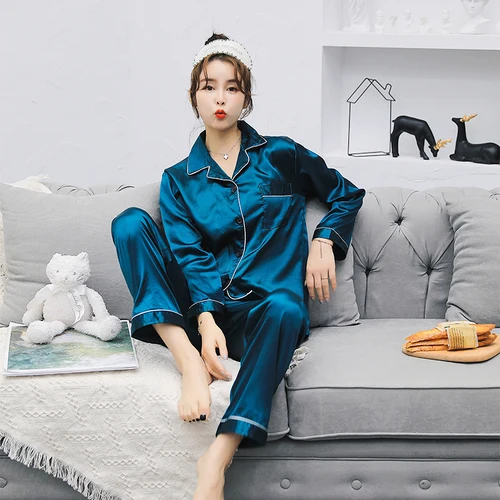 Sexy satin couple pajamas set Silk Pajamas For Women and men Lovers long sleeved autumn Pyjamas Sleepwear Sets Pijama Mujer - Цвет: 8106molv