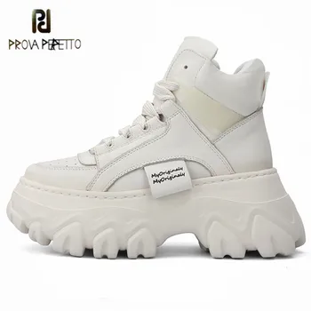 

Prova Perfetto European 2020 Genuine Leather Platform Sneakers Women Thick-soled High-top Lace Up Casual White Shoes Female