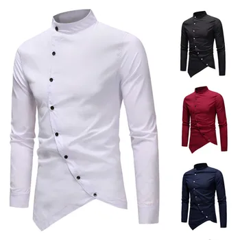 

Men's Shirt Sloping Placket Irregular Asymmetric Small Stand Collar Solid Color Long Sleeve Shirt