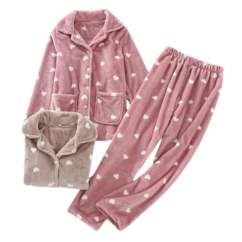 

Winter Flannel keep warm sleepwear women pajamas sets Japanese sweet love heart thicken coral velvet soft pyjamas women