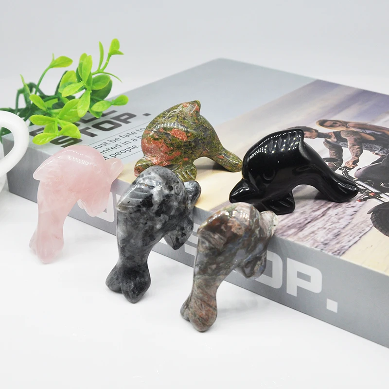 2” 10 Color Natural Stones Hand Carved  Dolphin Statue Healing Crystals Reiki Gemstone Animal Figurine Home Aquarium Decoration