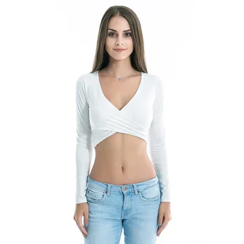 

New Women Long Sleeve Sexy V Neck Solid Color Simple Style Slim Shirts Fashion Ladies Summer Blouse Crop Tops