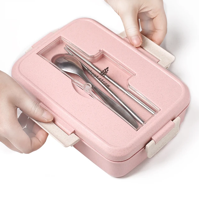 Microwave Lunch Box Wheat Straw Dinnerware with Spoon Chopsticks Food Storage Container Children Kids School Office Bento Box 2