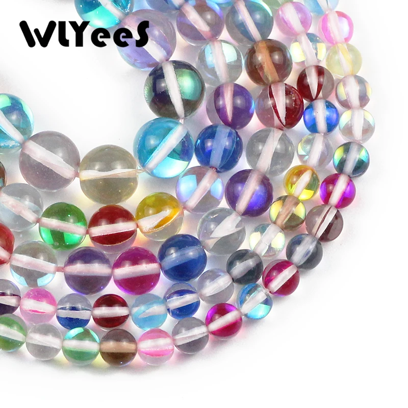 Круглые блестящие бусины WLYeeS смешанных цветов из лунного камня с блестками для