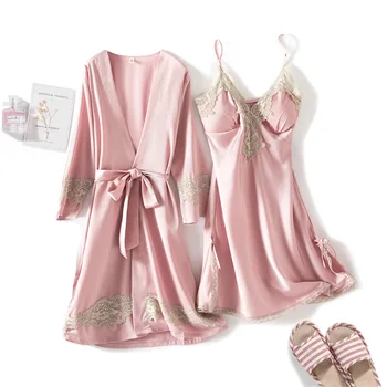 

2PCS Nighty&Robe Suit Lady Sleepwear Bride Bridesmaid Wedding Robe Gown Satin Sexy Nightgown Nightdress Casual Home Clothes