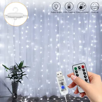 

IP65 Waterproof Silver Copper Wire Curtain String Lights USB 5V Remote Control With Hook Decoration Light Brightness Adjustable