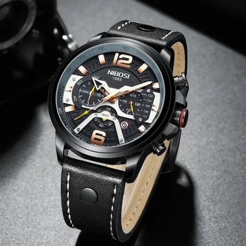 

NIBOSI Mens Watches Top Luxury Brand Waterproof Sport Wrist Watch Chronograph Quartz Military Genuine Leather Relogio Masculino