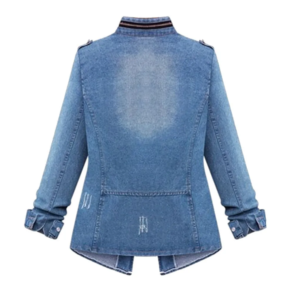 Женское джинсовое пальто на молнии плотное потертое с отложным воротником осень