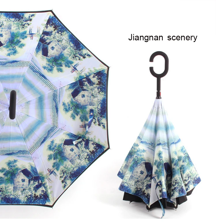 Анти УФ перевернутый обратный зонтик из бисера Ветрозащитный складной солнечный и дождливый для мужчин и женщин двойной слой Зонты стенд внутри - Цвет: jiangnan scenery