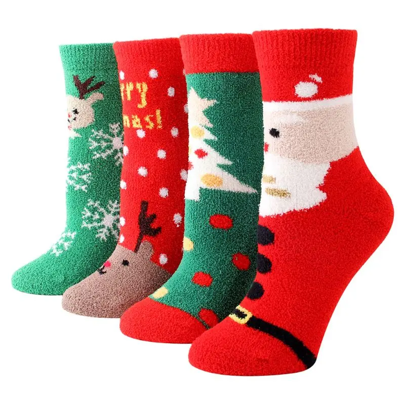 4 Pairs Women Christmas Fuzzy Crew Socks Thicken Plush Warm Slipper Hosiery Gift 95AB
