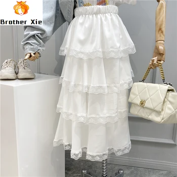 

Sweet Lace Joint Layers Flounced Cake Skirt Women 2020 Spring and Summer Medium-length White Skirts Girls Students Loose Skirt