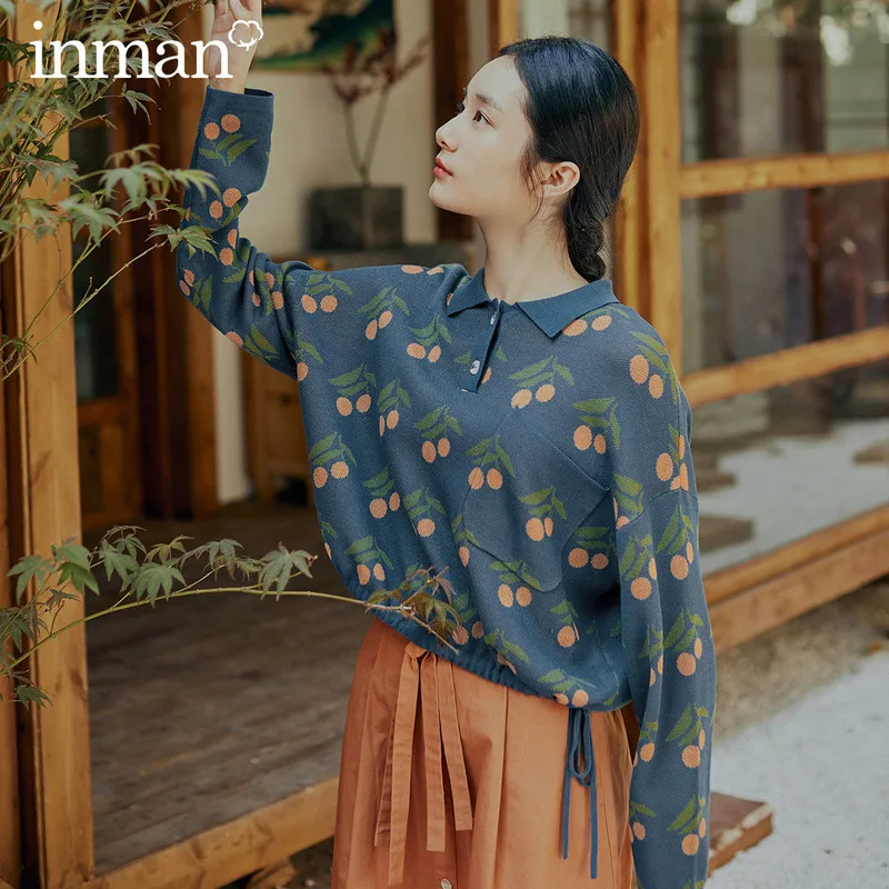 

INMAN 2020 Spring New Arrival Literary Polo Collar Friut Cherry Drawstring Long Sleeve Knitted Sweater