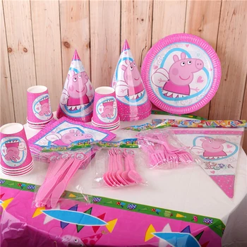 

Peppa Pig Birthday Decoration Party Supplies Sets Anime Figure Disposable Dinner Plate Fork Cups Hats Plate Dinner Plate Toys