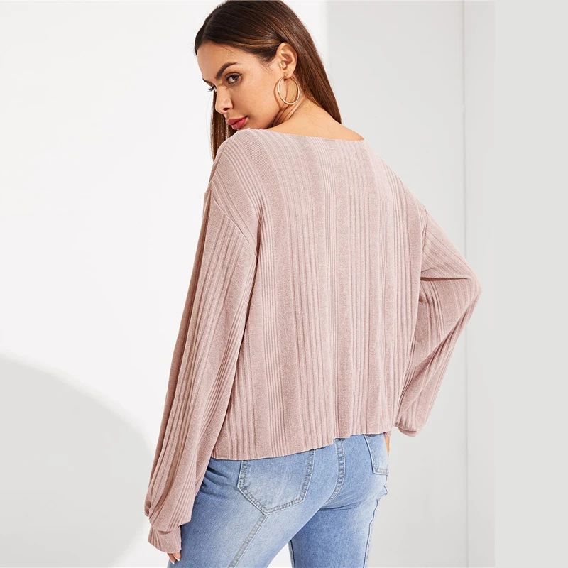 SHEIN, однотонный топ с заниженным плечом, трикотажный эластичный Топ, Женский весенне-осенний длинный рукав, v-образный вырез, Женские повседневные футболки топы