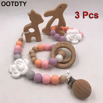 

3 Pcs/set Baby Nipple Clip Silicone Wooden Bracelet Newborn Teether Pacifier Chain Chew Molar Toy