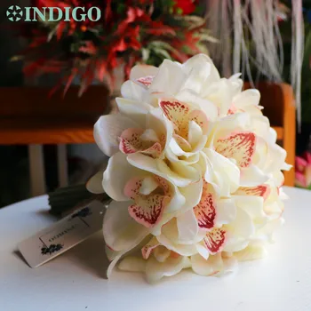 

INDIGO - 21pcs/Lot White Cymbidium Bride Bouquet Real Touch Artificial Flower Wedding Party Fake Flower Interior Trim
