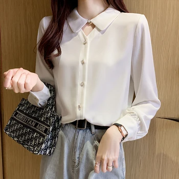 

COIGARSAM Full Sleeve Shirt Womens tops New Spring Chiffon Loose Women shirts White Jasmine 8268