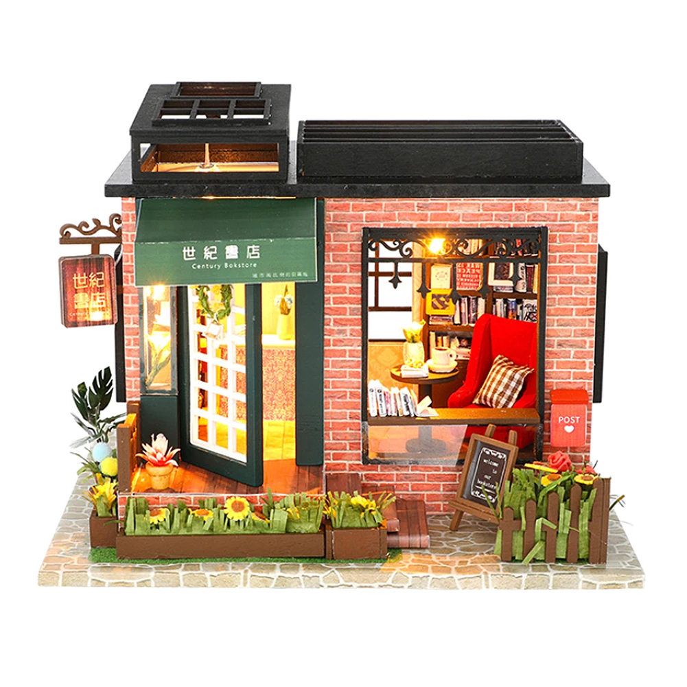 

Kids DIY Toy Bookstore Shape Home Birthday Wooden Model Doll House Assembly Indoor Simulation Educational Non Toxic Miniature