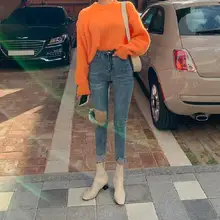 Корейская версия новых потертых джинсов с высокой талией для женщин