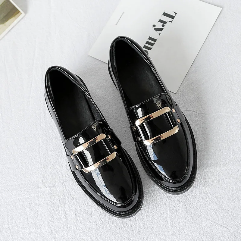 

Spring Small Leather Shoes Women's Semi-high Heeled Retro Square Buckle Shoes round-Toe Slip-on Loafers Fashion Black Shoes 2018